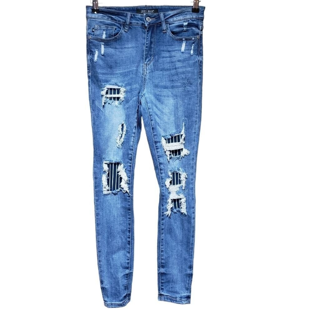 Judy Blue Jeans Skinny Fit Distressed Patchwork Medium Wash‎ Stretch Size 25